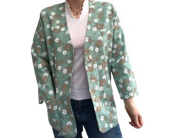 Blazer vintage anni '80 / Taglia 14UK / Giacca fatta a mano / Stampa floreale verde pastello crema