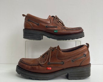 Vintage Kicker Shoes / 90s Originals / Brown Leather Moccasins / Size 5.5 UK