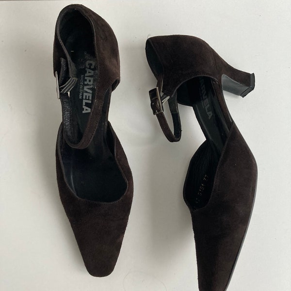 Carvela Shoes / Vintage Y2K / Size 4 UK / Square Toe Spool Heel / Cocoa Brown Suede