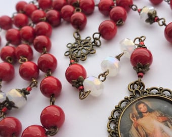 Chaplet of the Divine Mercy, 8mm red glass beads, rondelle beads, caps, spacers. Divine Mercy image on ornate medallion. Bronze connector.