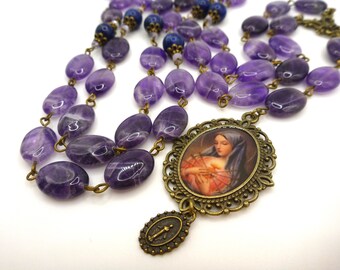 Chaplet Our Lady of Sorrows, 10x13mm natural amethyst, 8mm lapis, caps, spacers, 3mm faceted glass. Connector, medallion, Miraculous Medal.