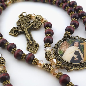 Rosary St. Therese of Lisieux: Red Wood Beads, Ornate Medallion & Pardon Crucifix