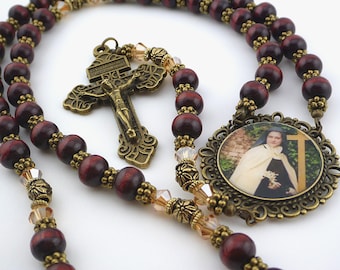 Rosary St. Therese of Lisieux: Red Wood Beads, Ornate Medallion & Pardon Crucifix