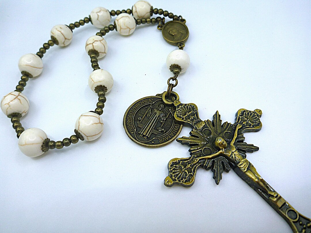 St Benedict Doorknob Rosary/decade, 10mm Magnesite, Caps, Ball Spacers