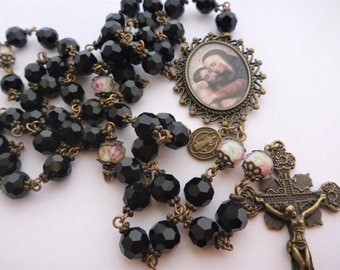 Rosary Lady of Sorrows: Black Faceted Glass Beads, Vatican Crucifix