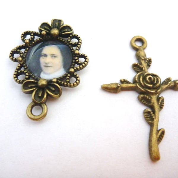 St Therese rosary parts.  Ornate medallion, rosebud cross. Jump rings