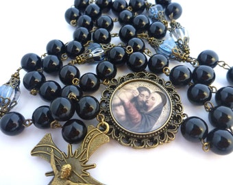Chaplet of the Seven Sorrows. 10mm onyx, 10mm glass.  Filigree caps, spacers.  Ornate medallion. Large, detailed crucifix