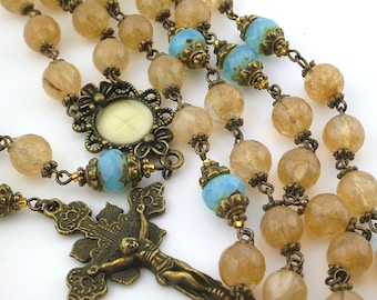 Blessed Sacrament Rosary: Quartz, Czech Glass Beads, Vatican Crucifix