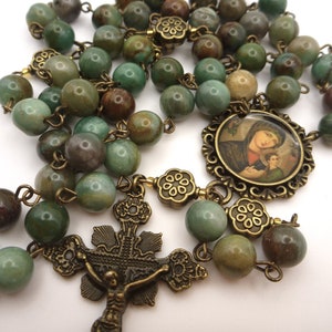 Rosary Our Lady of Perpetual Help, 8mm natural Australian jade, metal beads, glass spacers. Ornate medallion, Vatican crucifix.