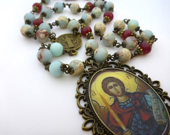 Chaplet of St Michael: Sea Sediment Jasper, St Benedict Medal