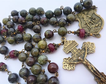 St Michael the Archangel rosary, 8mm dragon blood beads, rondelle jade, caps, gold hematite. Shield connector and Pardon crucifix