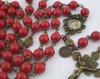 Rosary of Our Lady: Red glass, ornate Medallion, Vatican Crucifix, St. Benedict Charm