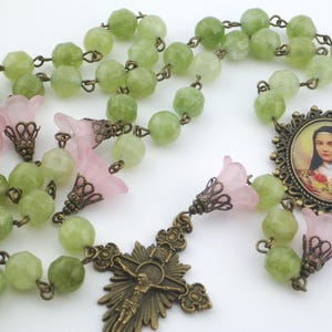 Rosary St Therese of Lisieux: Peridot, Flower Resin Beads, Ornate Medallion