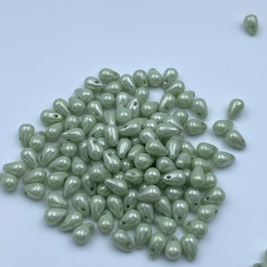 4x6mm Czech Glass Drop Pressed Bead Top Drill Tear Drop Chalk White Mint Luster 50pcs, 100pcs