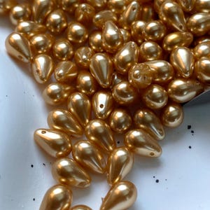 Pressed Czech Glass Pearl Side Drill Tear Drop Beads 6x9mm Sold by Pack of 5g, 10g, 20g, Light Gold