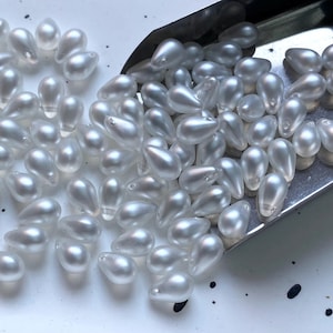 Pressed Czech Glass Pearl Side Drill Tear Drop Beads 6x9mm Sold by Pack of 5g, 10g, 20g, White (  Satin translucent )