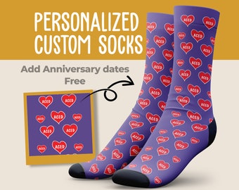 Heart Custom Date Socks, Wedding Date & Anniversary Date Socks, Add Custom Text, Personalized Custom Socks, Couple Socks, Boyfriend Gift