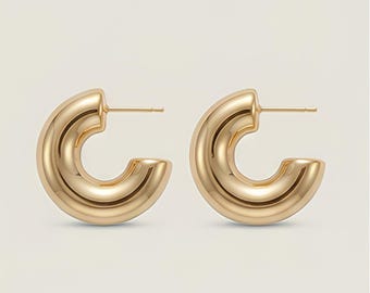 14K Gold Plated Chunky Hoop Earrings, Minimalist Huggie Hoops
