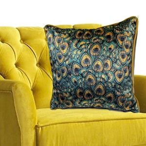 Peacock Feathers Pattern Velvet Cushion, Mustard Cord Accessory Tape - Botanical Home Decor Velvet Print Pillow Cover - Decorative Cushion