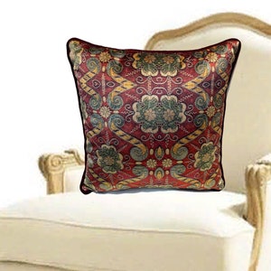 Burgundy & Gold Vintage Pattern Velvet Cushion,Burgundy Cord Accessory Tape - Boho Home Decor Velvet Print Pillow Cover - Decorative Cushion