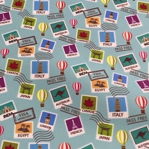 International Stamps Pattern Upholstery Fabric by the Meter, Stamps Home Decor Fabric,Indoor Outdoor Fabric Digital printed Polyester Fabric