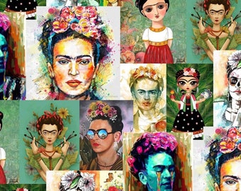 Frida Patchwork Upholstery Print Fabric by the Meter, Frida Home Decor Fabric, Indoor Outdoor Fabric, Digital printed Polyester Fabrics