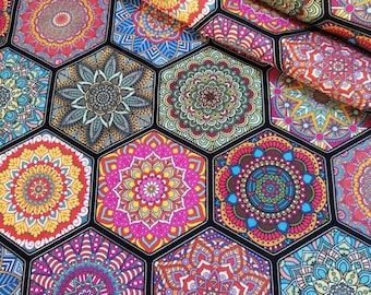 Ethno Hexagon Patchwork Polsterstoff Meterware, Geometrisch Wohn Dekor Stoff, Indoor Outdoor Stoff, Digitaldruck Stoffe
