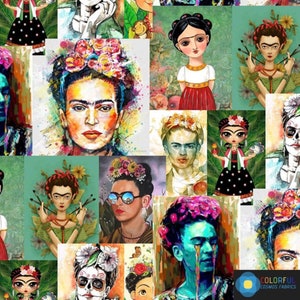 Frida Patchwork Upholstery Print Fabric by the Meter, Frida Home Decor Fabric, Indoor Outdoor Fabric, Digital printed Polyester Fabrics