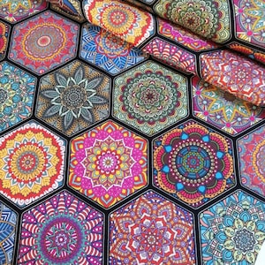 Ethnic Hexagon Patchwork Upholstery Fabric by the Meter, Geometric Home Decor Fabric, Indoor Outdoor Fabric, Digital printed Fabrics