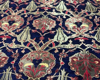 Navy & Gold Tile Jacquard Chenille Upholstery Fabric by the Yards, Turkish Tile Pattern Fabric, Oriental Style Heavy Jacquard Fabric