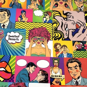 POP ART Love  Pattern Upholstery Fabric by the Meter, Comic Art Home Decor Fabric, Indoor Outdoor Fabric, Digital printed Polyester Fabric