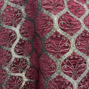 Burgundy Clove Jacquard Chenille Upholstery Fabric by the Yard, Ottoman Tulip Pattern Fabric, Oriental Style Heavy Jacquard Furniture Fabric