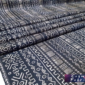 Indigo Aztec Tribal Mudcloth Fabric by the Meter, Floral Home Decor Fabric, Indoor Outdoor Fabric, Digital printed Polyester Fabrics