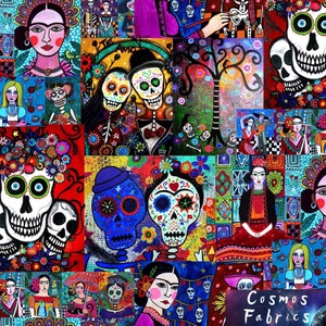 Op de afbeelding: Een kleurrijke collage van kunstwerken met als thema Dag van de Doden, met daarop suiker schedels, bloemen en traditionele Mexicaanse volkskunst. De kunstwerken zijn in een patchwork-stijl met verschillende kleuren en patronen.
