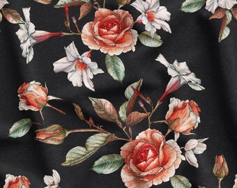 Pode incluir: Um padrão sem costura com ilustrações de aquarela de rosas cor-de-rosa e flores brancas sobre um fundo preto. As flores são dispostas em um padrão repetitivo, criando um design delicado e romântico.