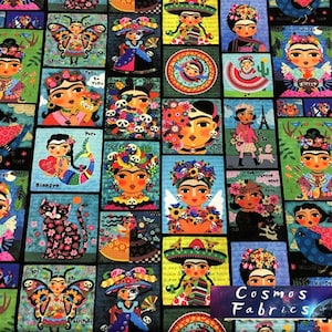 Mexican Girls Popart Patchwork by the Yard, Pop Art Home Decor Fabric, Indoor Outdoor Fabric, Digital printed Polyester Fabrics