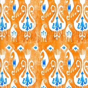 Orange & Blue Ikat Pattern Print Fabric by the Meter, Ethnic Home Decor Fabric, Indoor Outdoor Fabric, Digital printed Polyester Fabrics