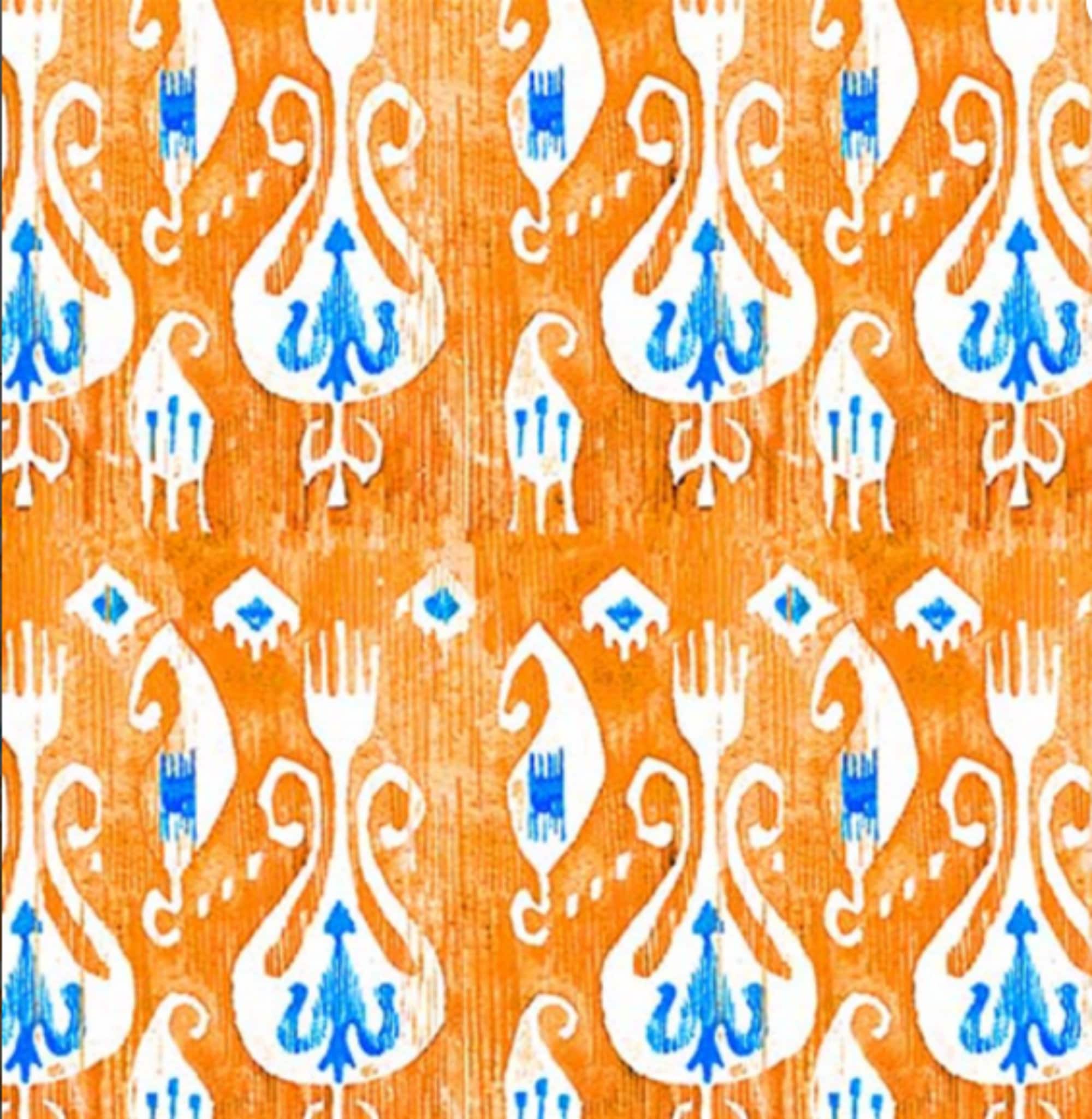 Orange & Blue Ikat Pattern Print Fabric by the Meter, Ethnic Home Decor Fabric, Indoor Outdoor Fabric, Digital printed Polyester Fabrics