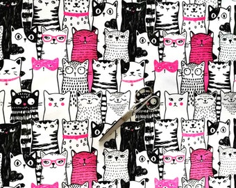 Fuchsia Cats Upholstery Fabric, Digital Print, Home Decor, Indoor Outdoor