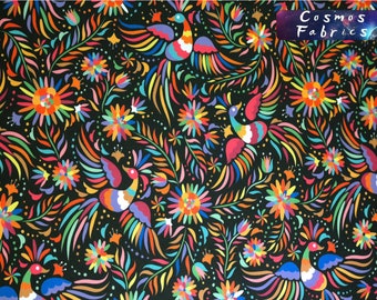Black Mexican Otomi Pattern Print Fabric by the Yard, Mexican Home Decor Fabric, Indoor Outdoor Fabric, Digital printed Polyester Fabrics