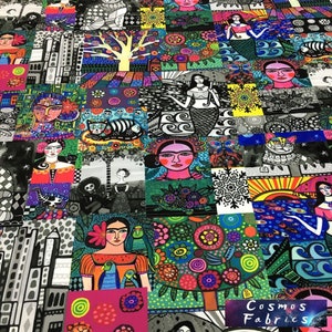 May include: Colorful fabric with a patchwork design featuring various images, including a woman with flowers in her hair, a cat, a tree, and a mermaid. The fabric has a white background and is made up of squares of different colors and patterns. The text "Cosmos Fabrics" is visible in the bottom right corner.