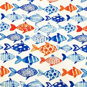 Blue & Orange Fish Pattern Upholstery Fabric by the Meter, Sea Home Decor Fabric, Indoor Outdoor Fabric, Digital printed Polyester Fabrics