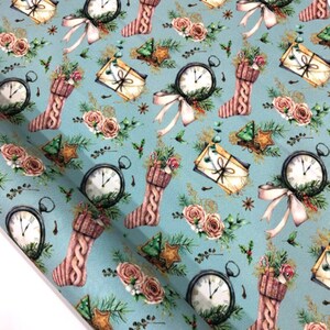 May include: A teal blue fabric with a repeating pattern of pink stockings, antique clocks, roses, and Christmas-themed elements. The fabric is perfect for crafting projects like pillows, bags, and other home decor items.