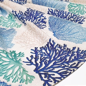 Blue Mint Coral Pattern Upholstery Fabric by the Meter, Ocean Home Decor Fabric, Indoor Outdoor Fabric,Digital printed Polyester Fabrics