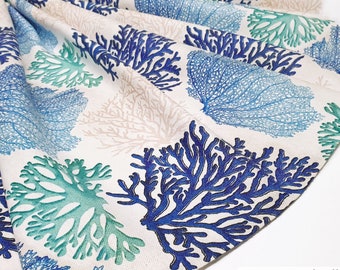 Blue Mint Coral Pattern Upholstery Fabric by the Meter, Ocean Home Decor Fabric, Indoor Outdoor Fabric,Digital printed Polyester Fabrics