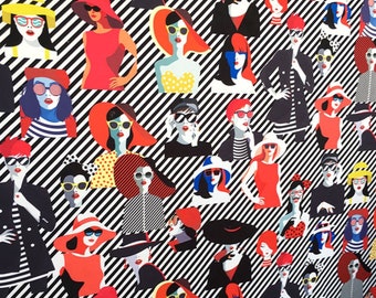 May include: A black and white striped background with a repeating pattern of colorful illustrations of women wearing sunglasses and hats. The women are wearing various outfits, including dresses, shirts, and pants.