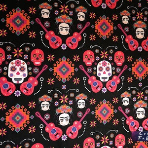 Skulls and Frida Cartoon  Print Fabric by the Yard, Boho Home Decor Fabric, Indoor Outdoor Fabric, Digital printed Polyester Fabrics