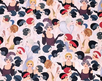 May include: A repeating pattern of women wearing various hats and accessories. The women are depicted in a vintage style with bold colors and geometric shapes. The background is a light pink.
