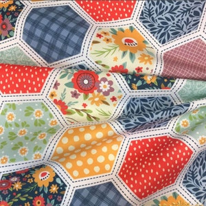 Peut inclure: Un tissu avec un motif de patchwork présentant des formes hexagonales de différentes couleurs et motifs, notamment rouge, bleu, jaune, vert et blanc. Le tissu a un motif floral, géométrique et à pois.