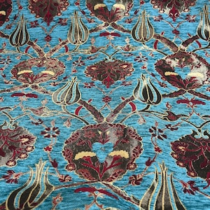 Turquoise Tile Jacquard Chenille Upholstery Fabric by the Yards, Turkish Tile Pattern Fabric, Oriental Style Heavy Jacquard Fabric